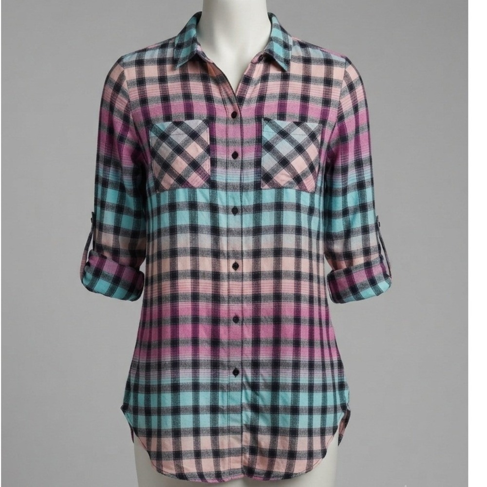Cato Womens Pink Teal Plaid Button Down Shirt Roll Tab Sleeve Rayon Small